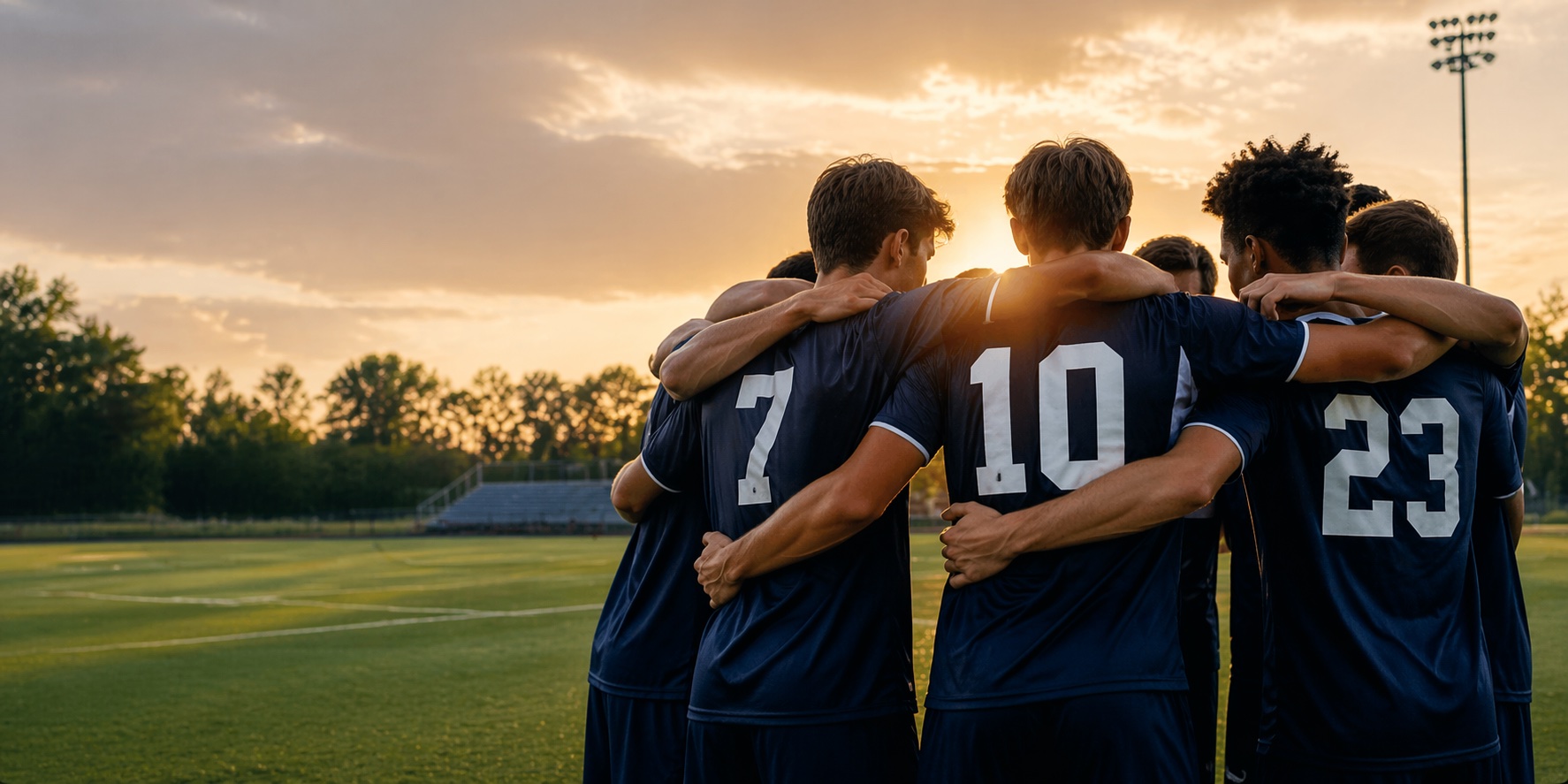 A youth team huddled together on the field at sunset