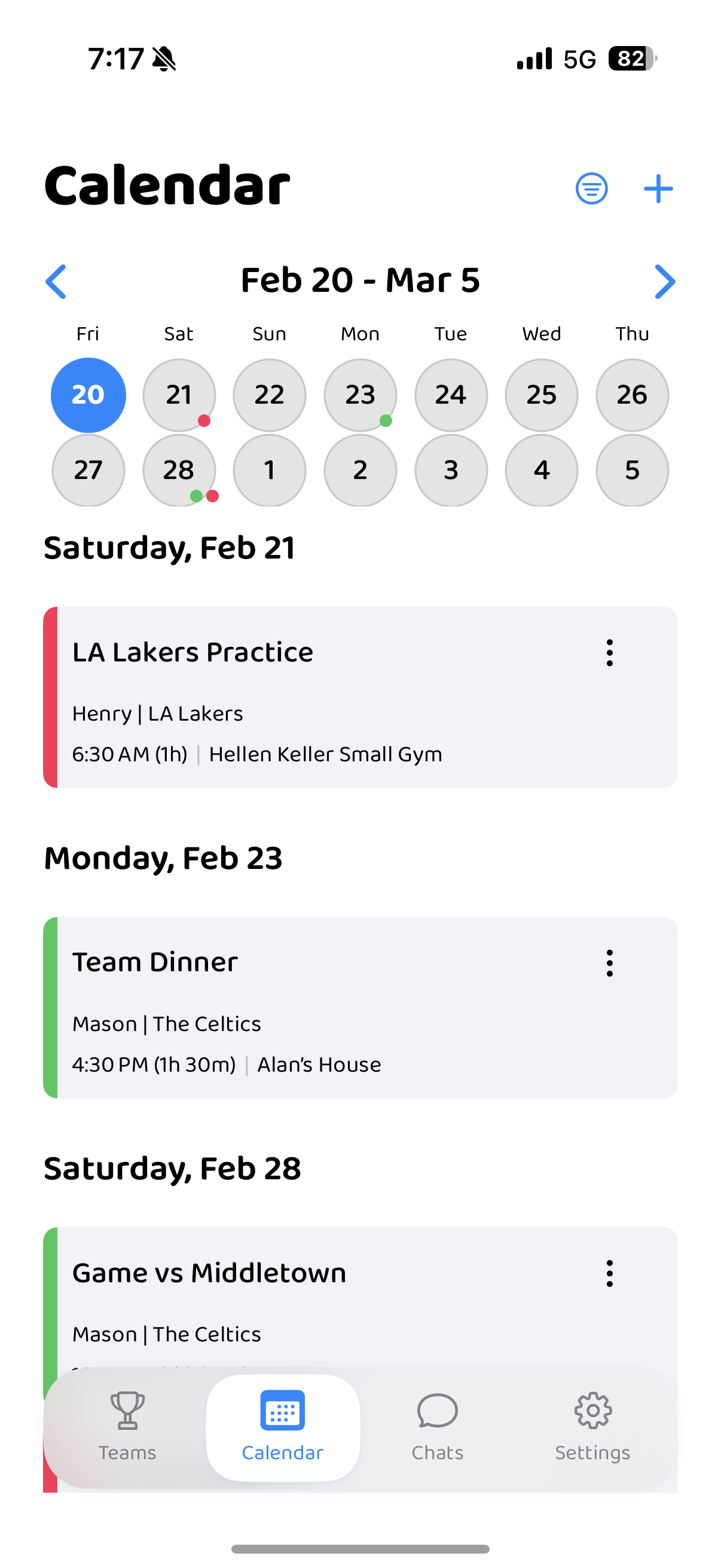 HuddleUp youth sports family calendar with color-coded schedules