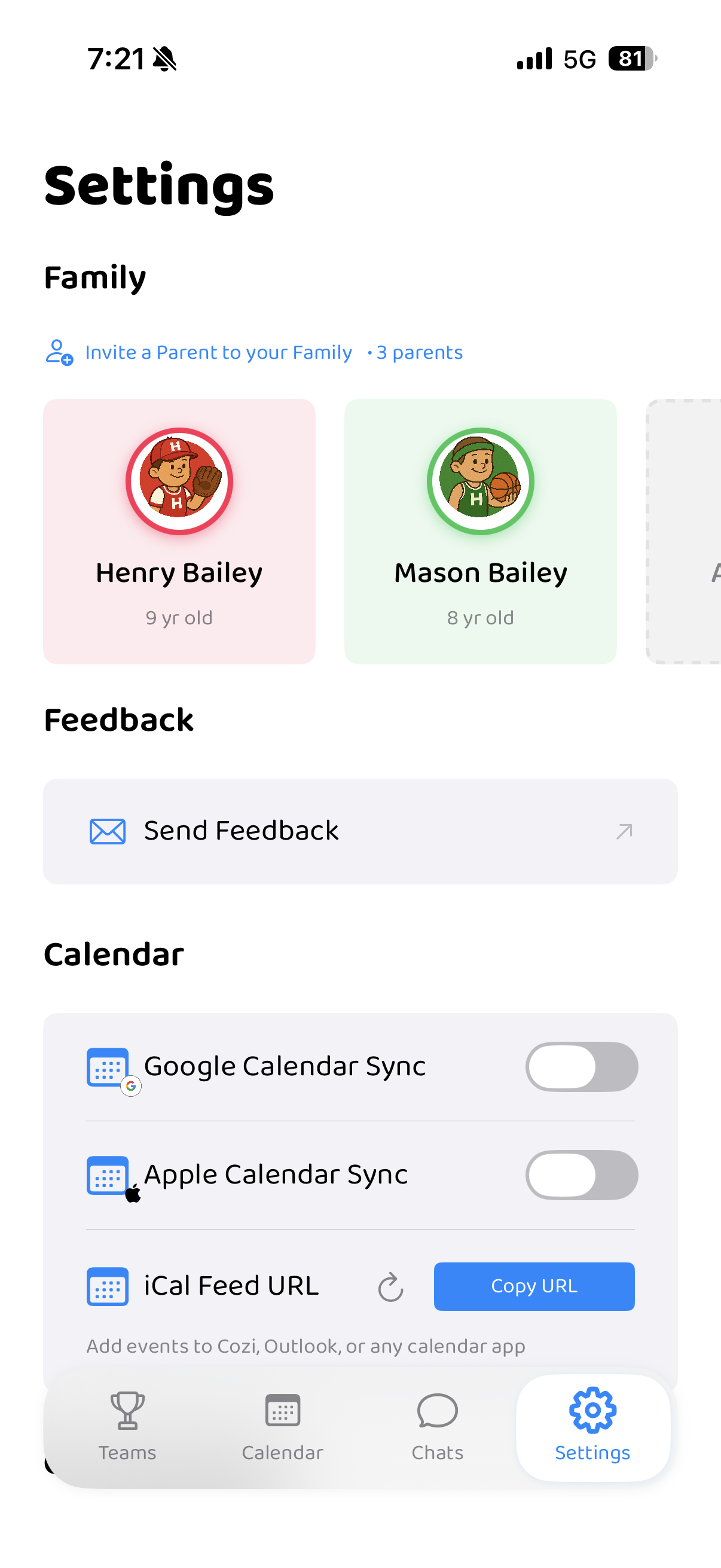 HuddleUp settings with player profiles and calendar sync
